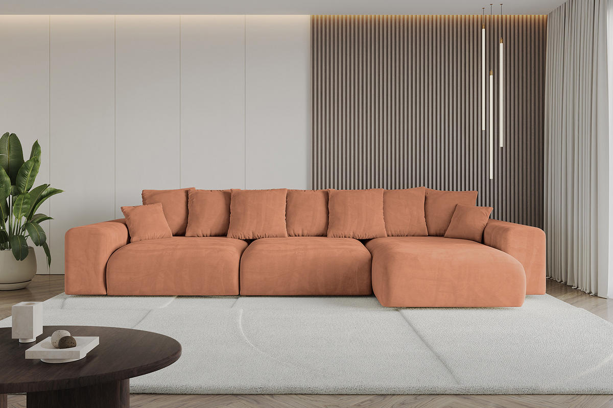 ECKSOFA Ottomane rechts ESKAR-L 364x176x84 Koralle Velours - Koralle/Schwarz, Holzwerkstoff/Kunststoff (176/364cm) - ALTDECOR