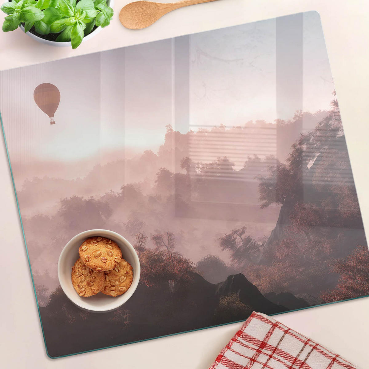 GLASPLATTE 60x52 cm Ballon über dem Wald - Braun, Glas (60/0.4/52cm) - TULUP