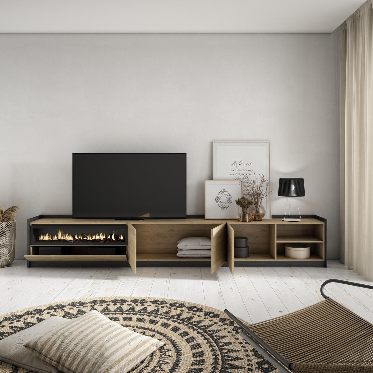 TV-SCHRANK, Lowboard, Eiche Schwarz, Elektrokamin, 310/37/50cm - Eichefarben, Holzwerkstoff (310/50/37cm) - Skraut Home
