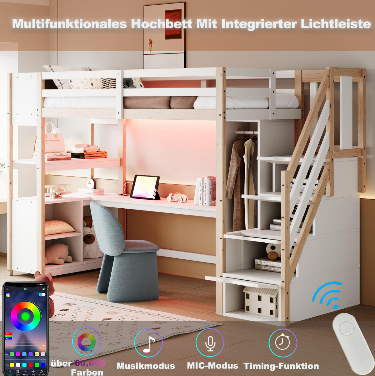 HOCHBETT 90/200 cm mit Schreibtisch, Kleiderschrank, Stauraumtreppe und LED-Beleuchtung, Weiß/Natur - Weiß, Holzwerkstoff (90/200cm) - Redom