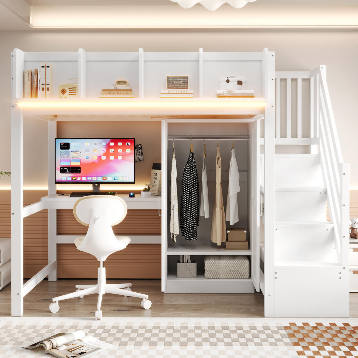 HOCHBETT 90x200cm Schreibtisch Schrank LED Weiß - Weiß, Holz (90/200cm) - FLIEKS