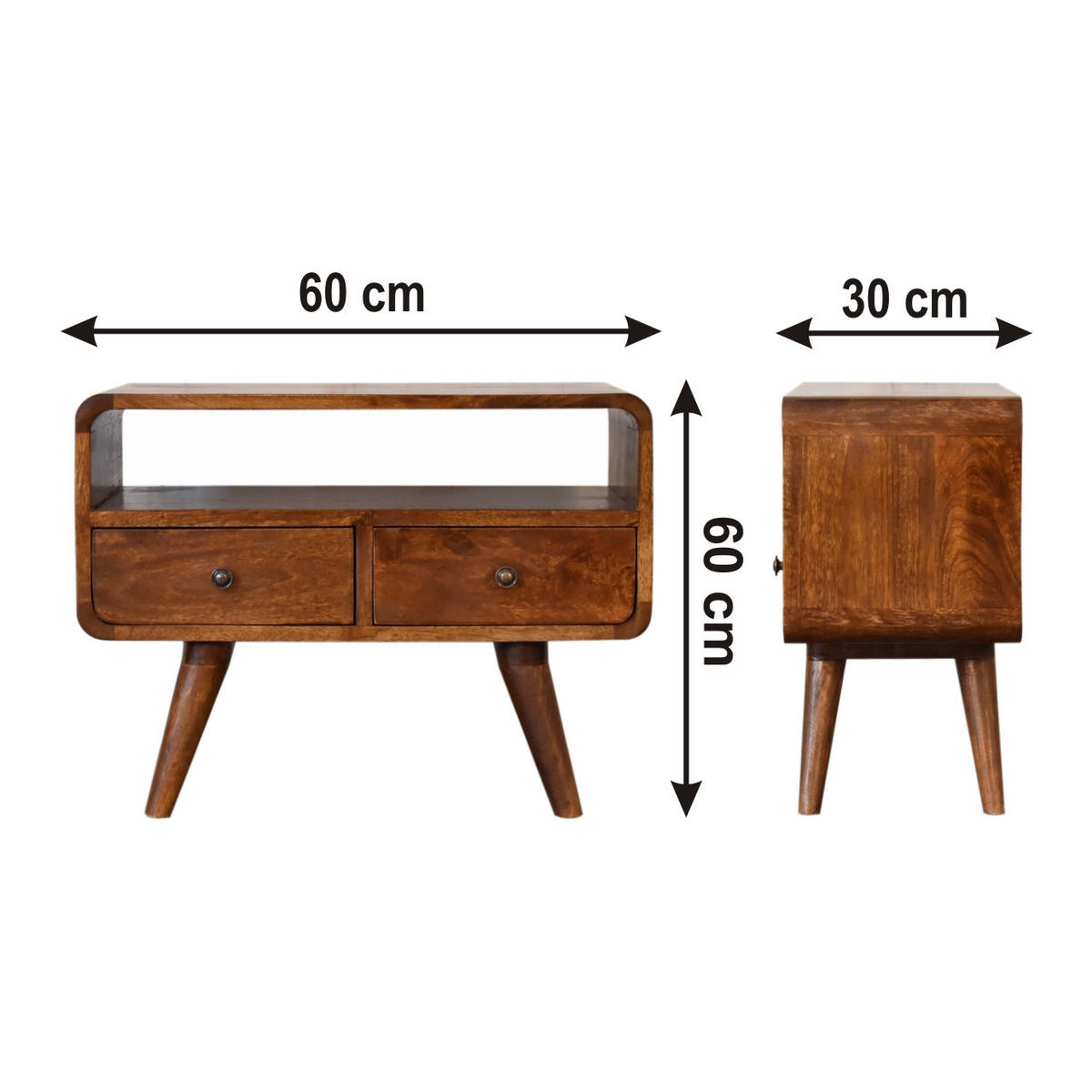 MEDIENANLAGE TV-Schrank aus Massivholz, 2 Schubladen, 1 offenes Regal, nordische Beine, Braun - Messingfarben/Braun, Holz/Metall (60/45/30cm) - Artisan Furniture