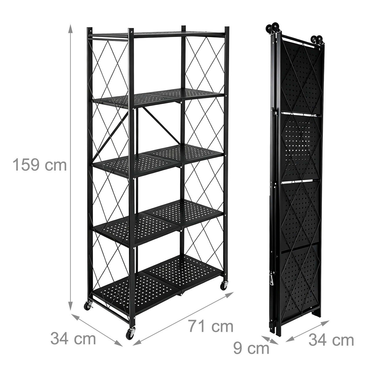 REGÁL Čierny skladací 5 políc - čierna, kov/plast (71/159/34cm) - Relaxdays