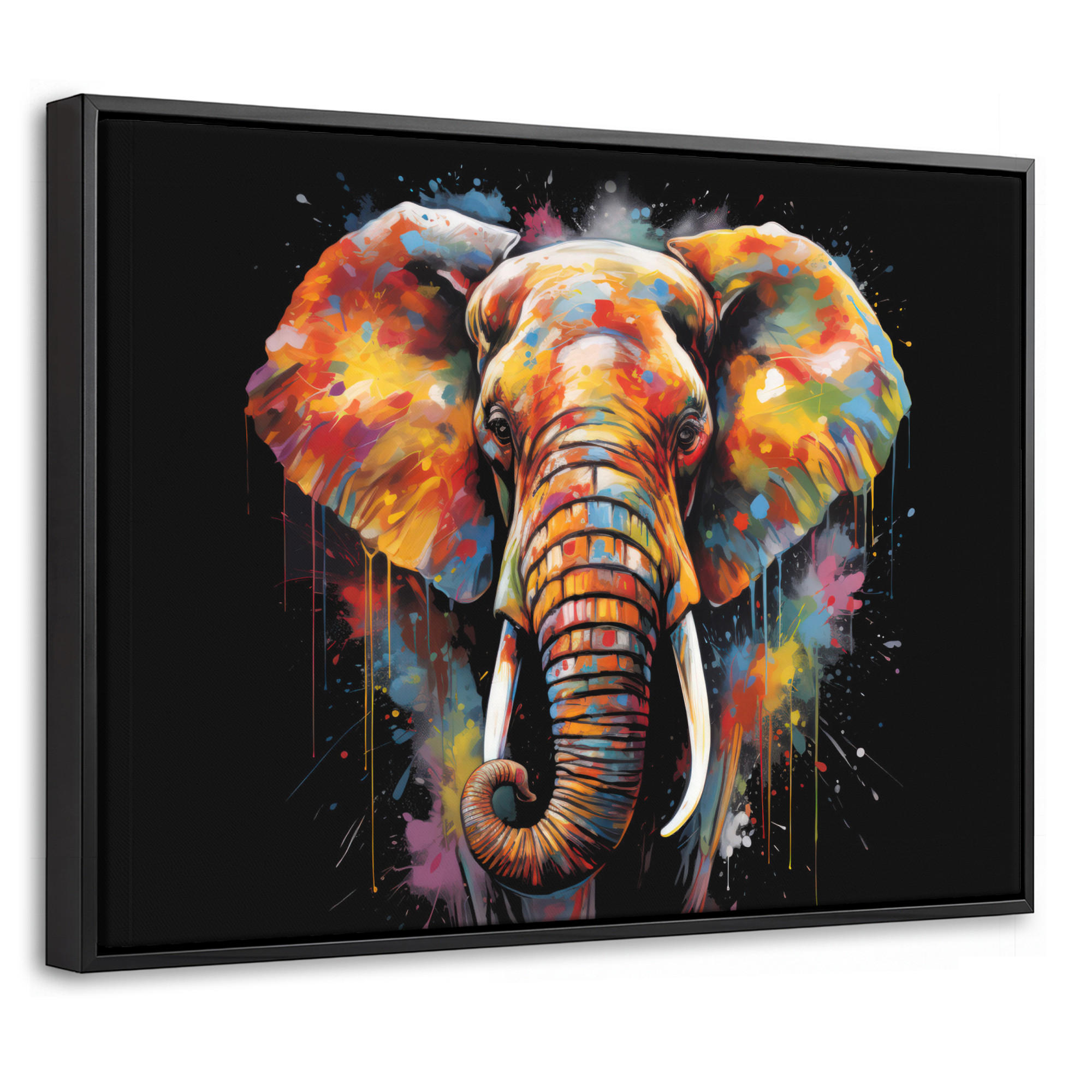 LEINWAND Bilder mit Rahmen - Elefant - Graffiti - Schwarz - Tiere - Farben - 40x30 - Schwarz, Textil (40/30cm) - MuchoWow