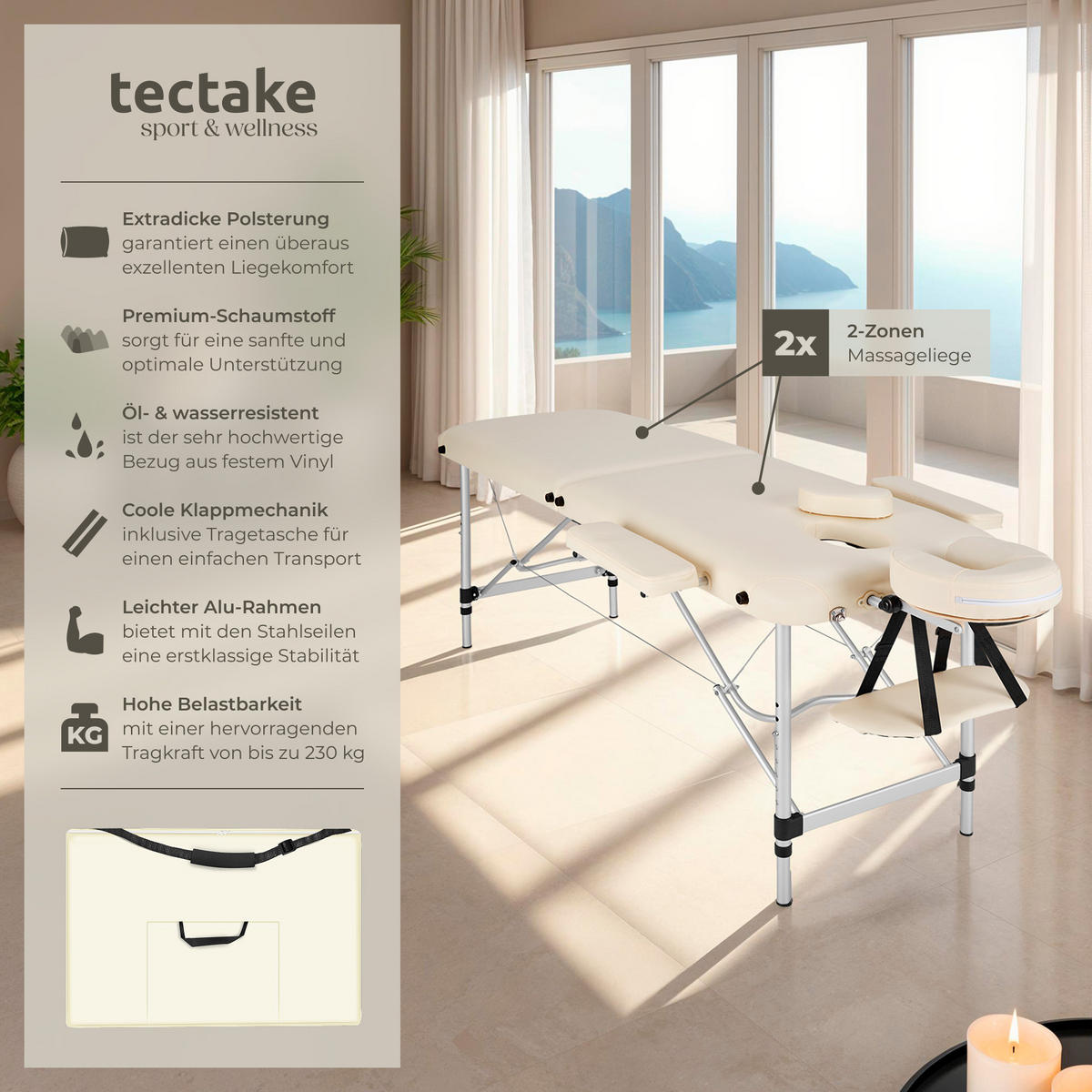 MASSAGELIEGE 2 Zonen, 210 x 95 x 89 cm,beige - Beige, Metall (60/89/205cm) - tectake