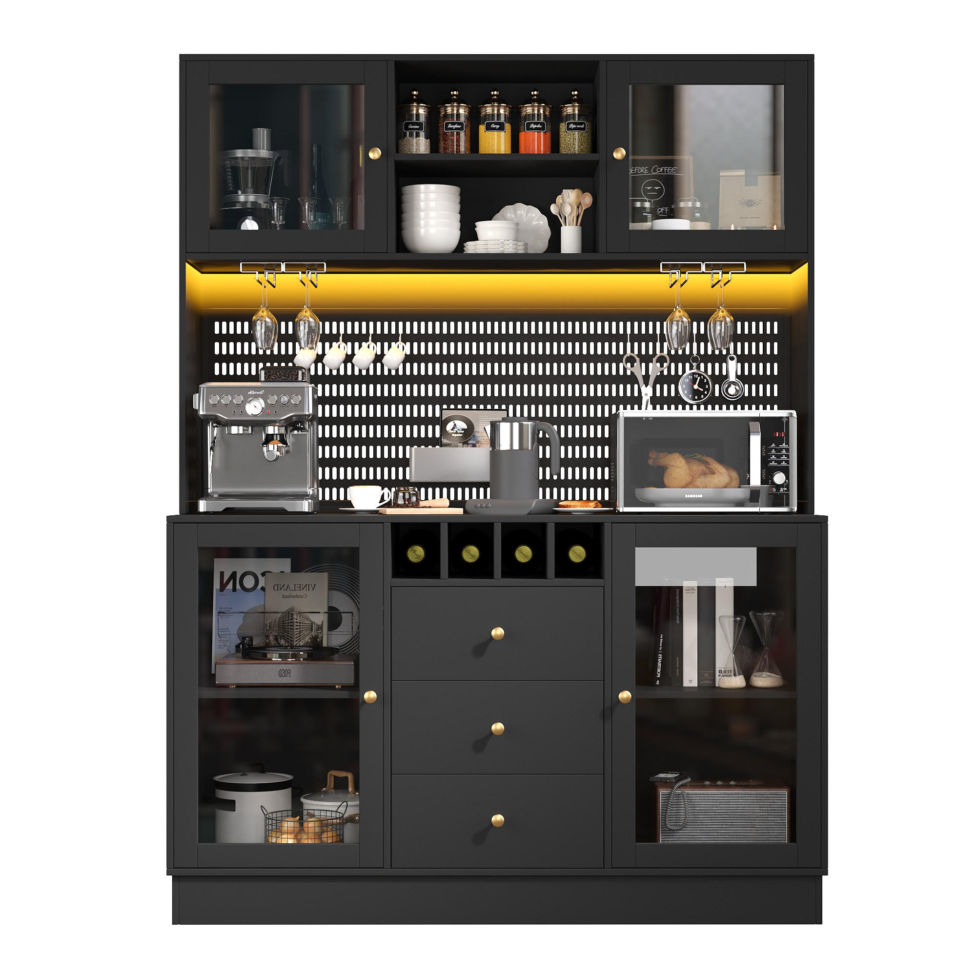 HOCHSCHRANK LED Weinregal Kippsicherung Schwarz - Schwarz, Glas (140/185.7/40cm) - FLIEKS