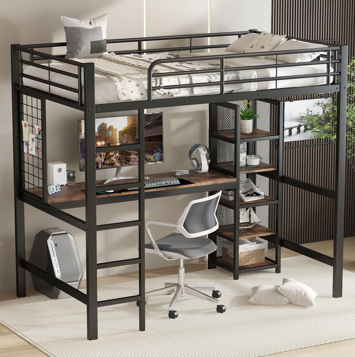 HOCHBETT 90/200 cm aus Metall und MDF mit Schreibtisch, 5-stufigem Regalschrank und Metallgitter, Schwarz/Dunkle Holzfarbe - Schwarz, Holzwerkstoff (90/200cm) - Redom