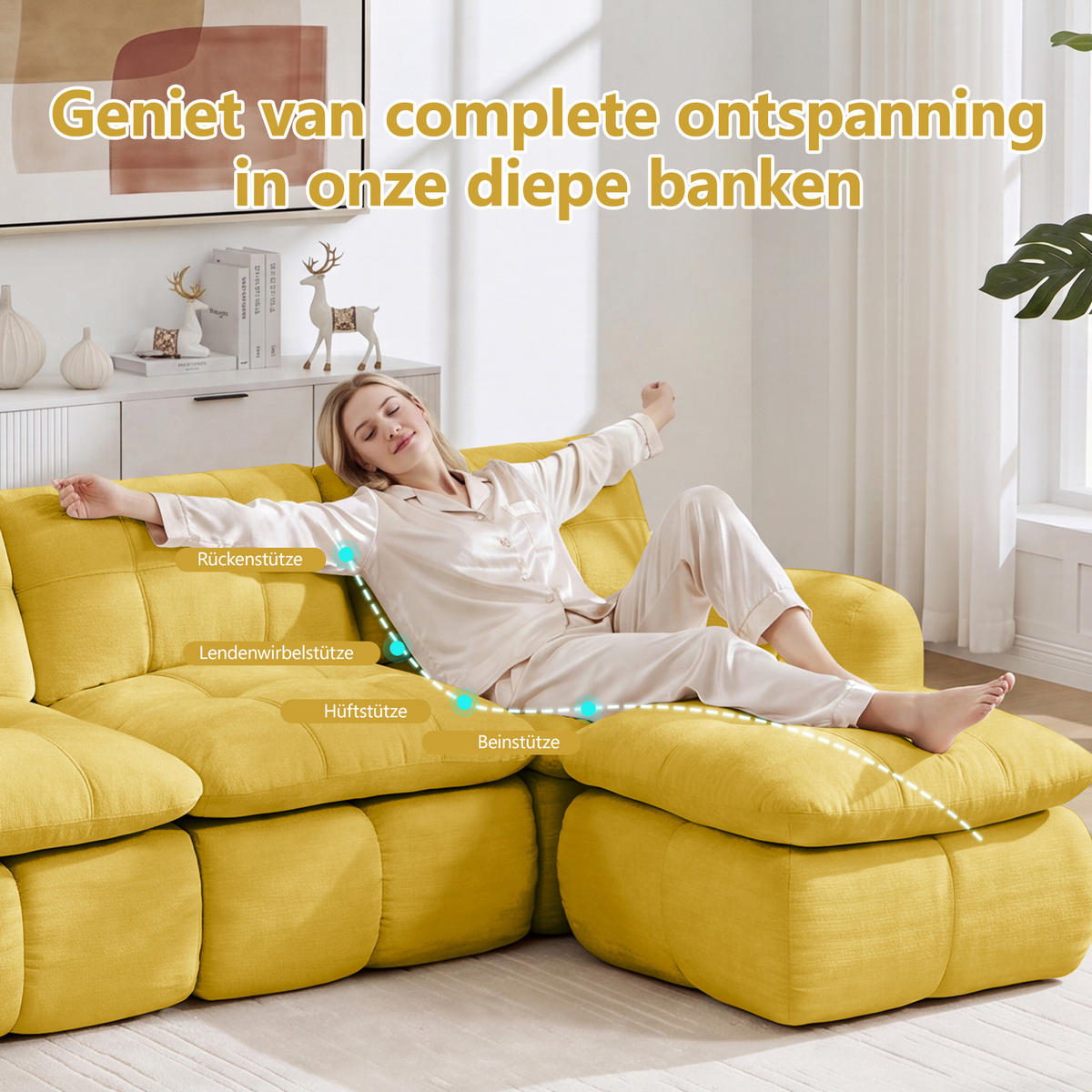 WOHNLANDSCHAFT 334/160/68 cm in Gelb aus Chenille mit hoher Sitzkomfort - Gelb, Textil (160/68/334cm) - Flora Grace