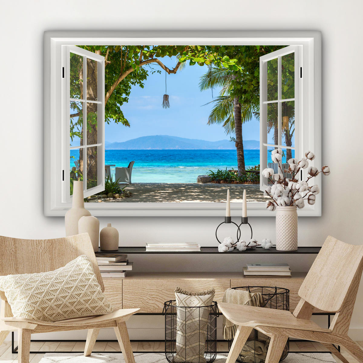 LEINWANDBILD Aussicht - Baum - Meer - Palme - Hügel - Strand - Blau Wohnzimmer Groß 120x80 cm - Blau, Textil (120/80cm) - MuchoWow