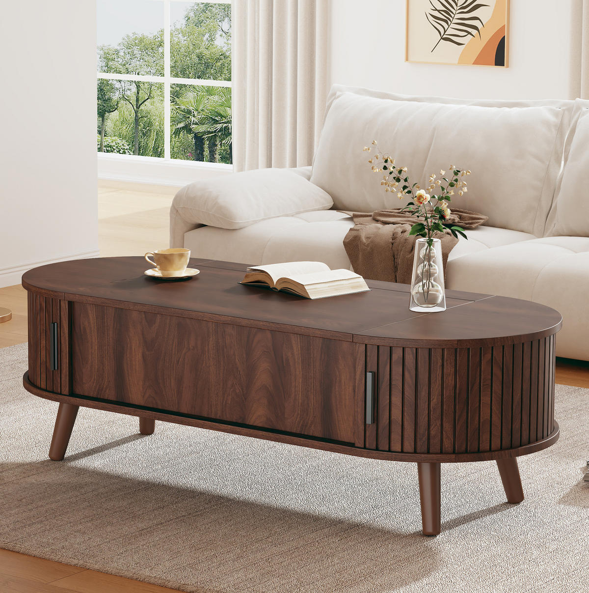 COUCHTISCH 120/50/39,5 cm höhenverstellbar mit verborgenem Stauraum und Rollladenfächern aus MDF/Holz, Nussbaum - Nussbaumfarben, Holzwerkstoff (120/50/39.5cm) - Redom
