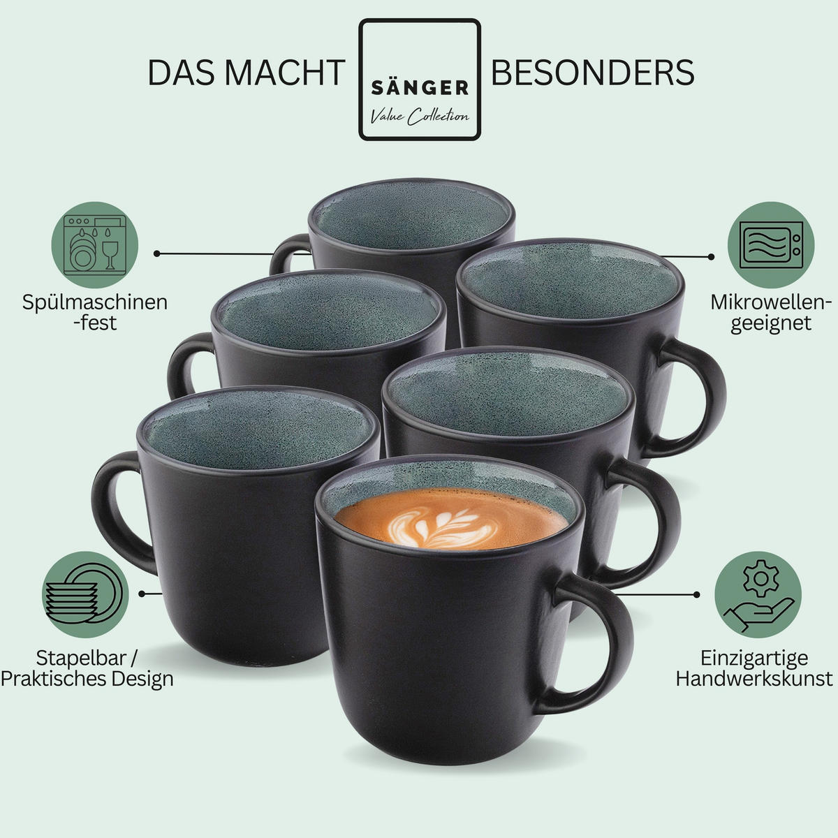 KAFFEEBECHER SET MALMÖ - 6 teilig aus Steingut - Grün, Stein (0.42L) - Sänger