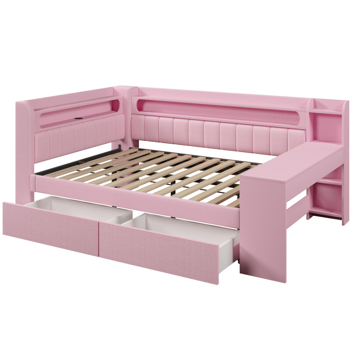 TAGESBETT 140/200 cm rosa aus MDF mit USB, LED, Schreibtisch und 2 Schubladen - Rosa, Holzwerkstoff (140/200cm) - OKWISH