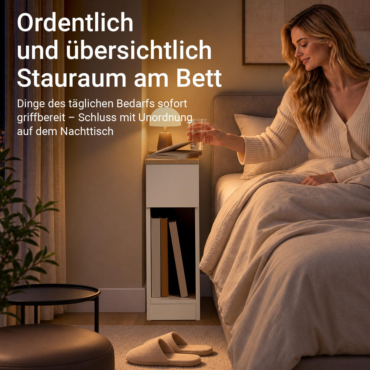 NACHTTISCH schmal mit Schublade, Konsolentisch, Weiß-Natur, 20x35x60 cm, nur 20 cm tief, offene Fächer, Flur/Sofa/Büro/Balkon - Weiß, Holzwerkstoff (20/60/35cm) - SoBuy