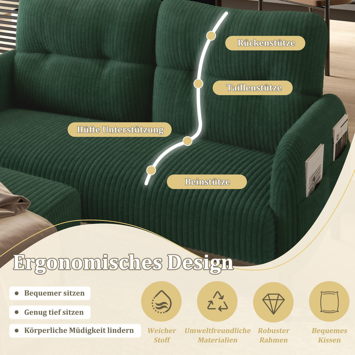 2-SITZER-SOFA Stoffcouch mit Seitentaschen,Cord,Grün - Grün, Textil (120/79/75cm) - LVHOM
