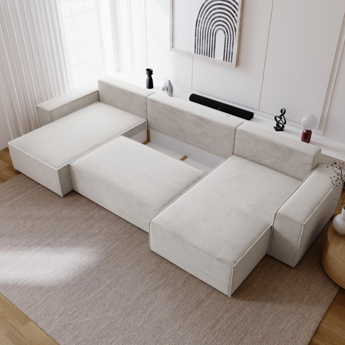 ECKSOFA 380 cm Bergamo U mit Bettkasten, Samt, Hellgrau - Hellgrau, Holz (377/189cm) - Emporius