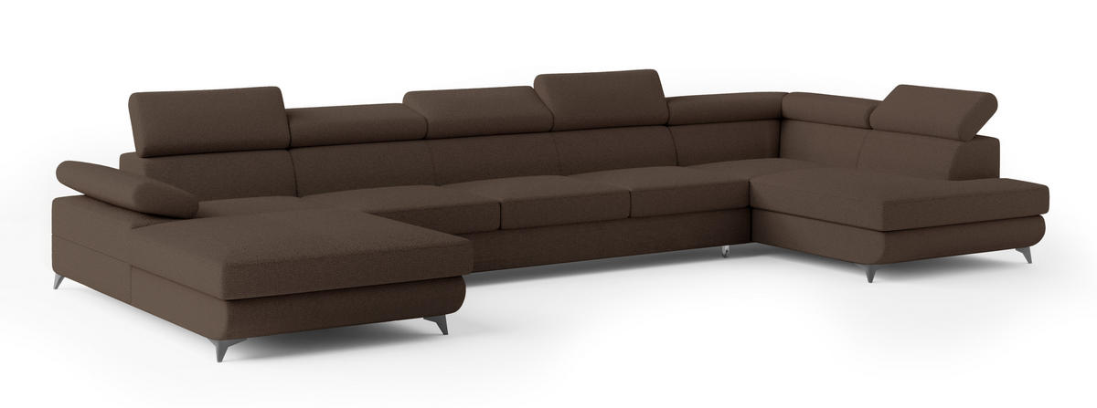 WOHNLANDSCHAFT MONTIVA Braun Boucle-Stoff mit Schlaffunktion - Braun, Holz (410/89/190cm) - MASSENO