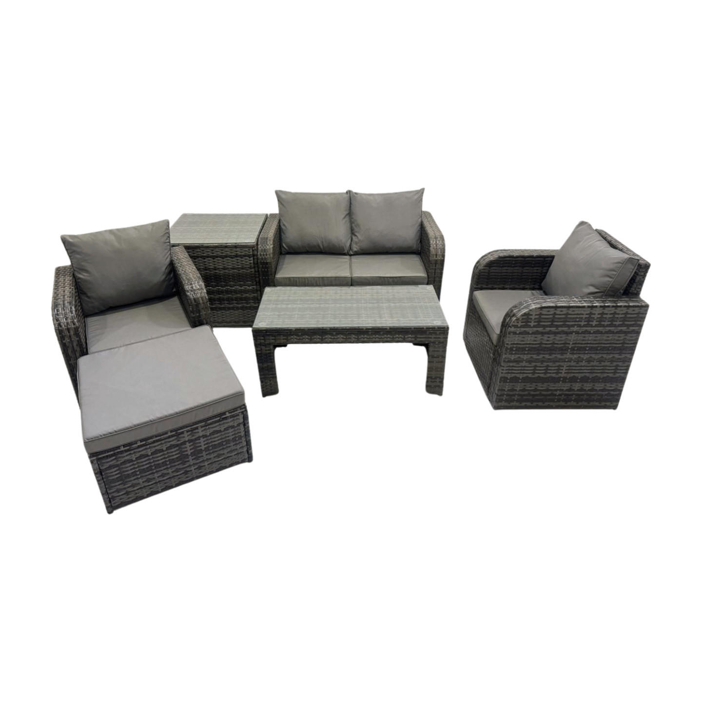 GARTENSOFA SET mit COUCHTISCH Polyrattan 5-Sitzer - Dunkelgrau/Grau, Glas/Kunststoff - Fimous