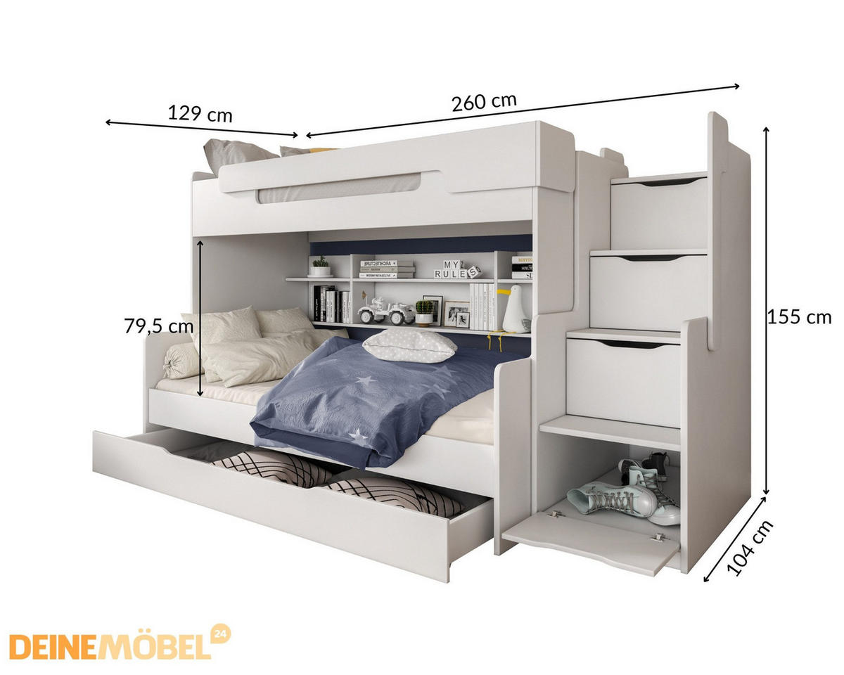 ETAGENBETT HARRY 90/200 + 120/200 in Weiß - Weiß, Holzwerkstoff - Deine Möbel 24