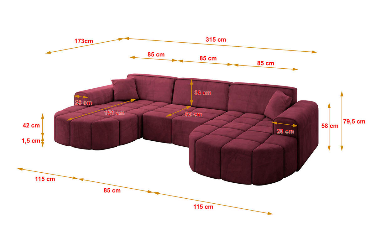 WOHNLANDSCHAFT LIVO-U1 - 315x173x79,5 cm Bordeauxrot - Bordeaux, Holzwerkstoff/Textil (315/79/173cm) - ALTDECOR