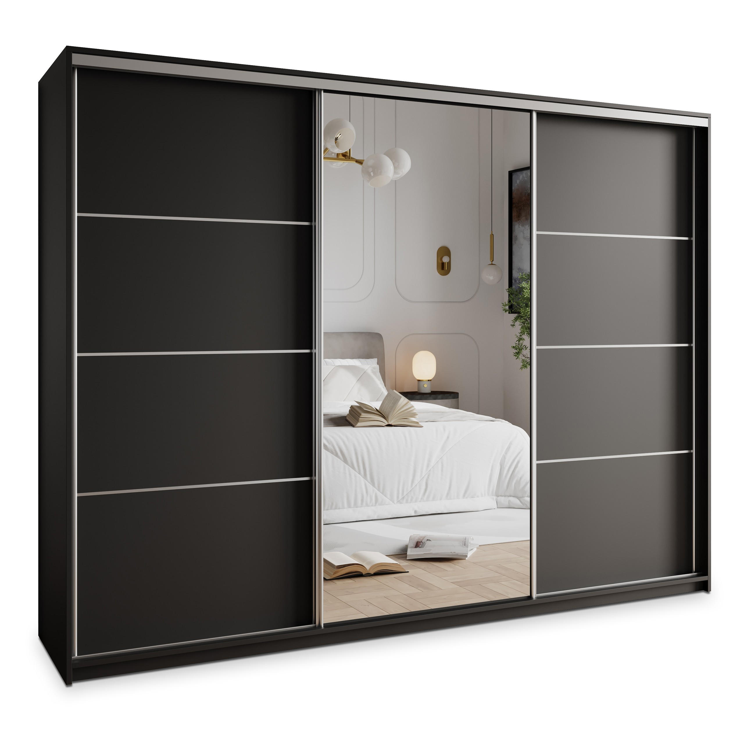 SCHWEBETÜRENSCHRANK VARO 270/205/60 cm 3-türig mit Spiegel Schwarz - Schwarz, Holzwerkstoff (270/205/60cm) - MASSENO