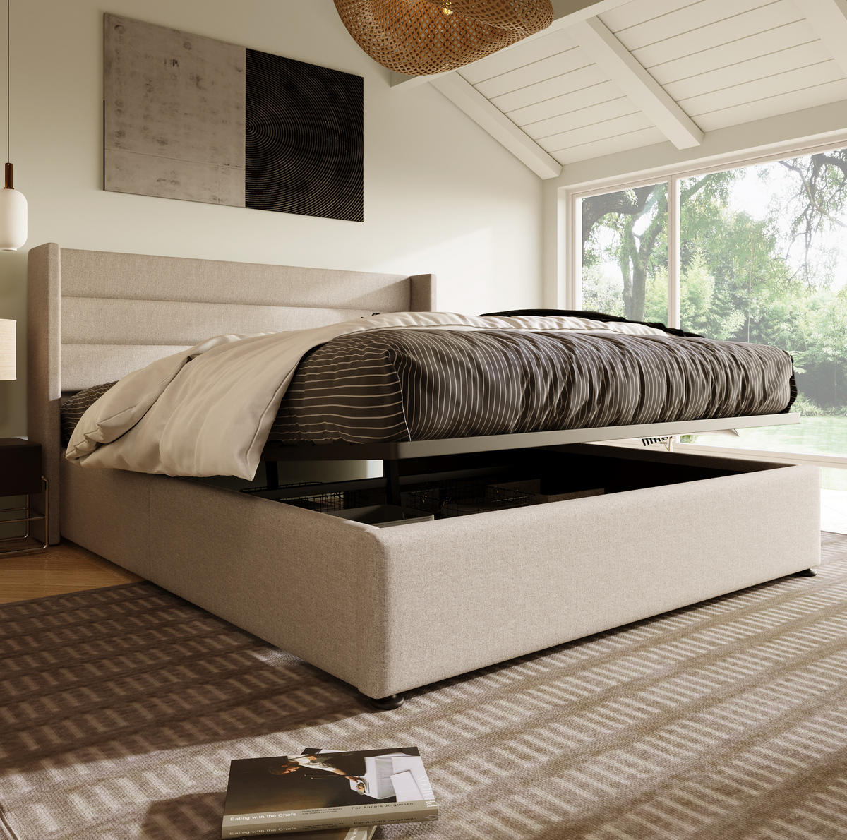 POLSTERBETT aus Leinen 180x200 cm in Beige mit Hydraulik-Stauraum - Beige, Textil (180/200cm) - Modfu