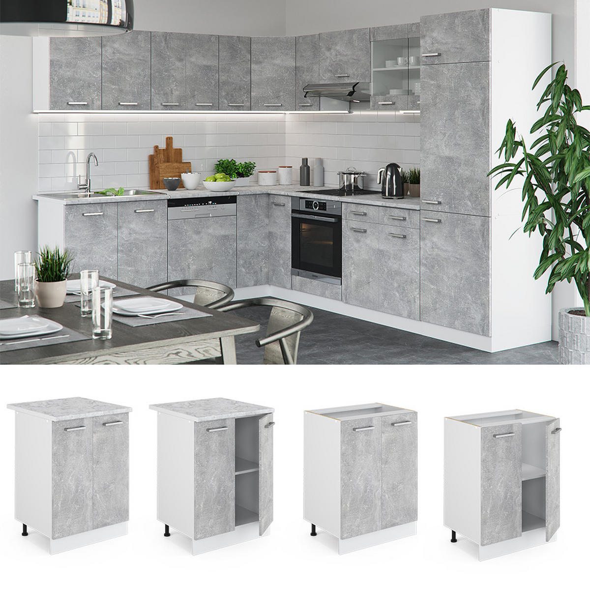 KÜCHENUNTERSCHRANK R-Line Beton 60 cm, AP Anthrazit - Schieferfarben/Weiß, Holzwerkstoff (60/81.6/60cm) - Vicco