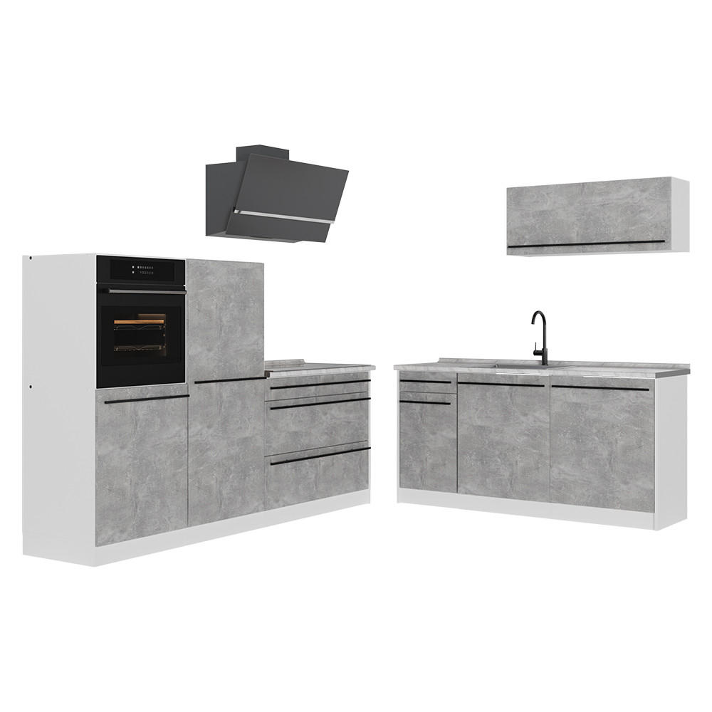 KÜCHENZEILE R-Line, Beton/Weiß, 220 cm Arbeitsplatte Marmor - Weiß/Grau, Holzwerkstoff (220/143/60cm) - Vicco