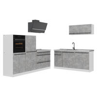 KÜCHENZEILE R-Line, Beton/Weiß, 220 cm Arbeitsplatte Marmor - Weiß/Grau, Holzwerkstoff (220/143/60cm) - Vicco