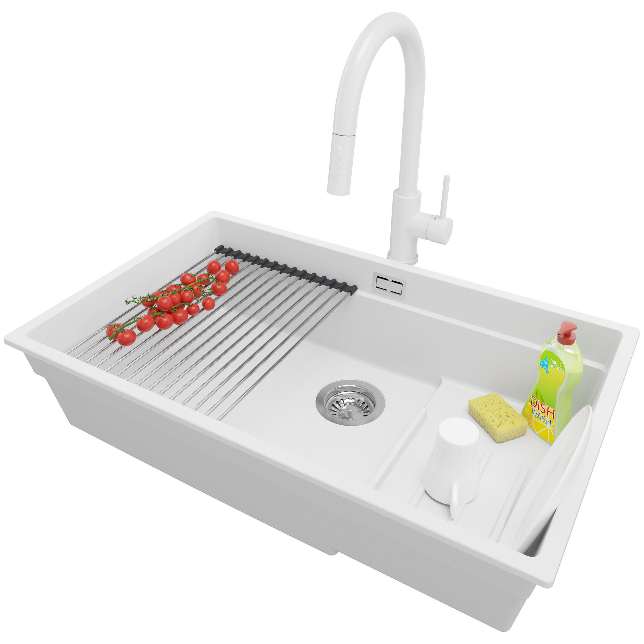 GRANITSPÜLE Praga Slim, 2-er set Weiß 76/47 cm 1 Becken + Küchenarmatur 40/20 cm + Ablauf-Set + Aufrollbare Abtropffläche ab 80er Unterschrank - Chromfarben/Weiß, Kunststoff (76/20/47cm) - Primagran