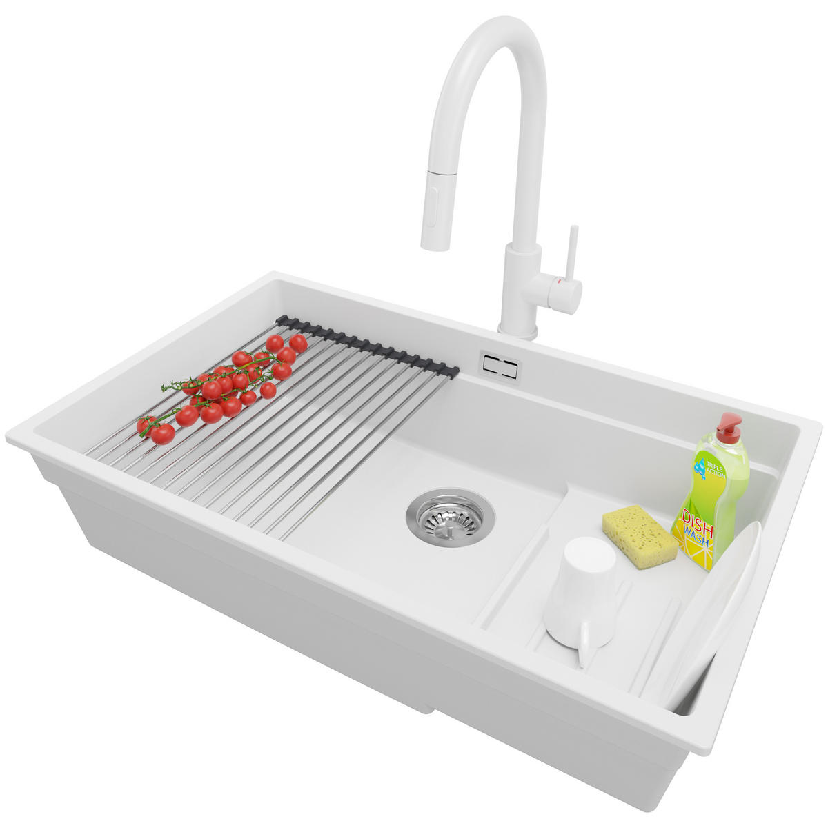 GRANITSPÜLE Praga Slim, 2-er set Weiß 76/47 cm 1 Becken + Küchenarmatur 40/20 cm + Ablauf-Set + Aufrollbare Abtropffläche ab 80er Unterschrank - Chromfarben/Weiß, Kunststoff (76/20/47cm) - Primagran