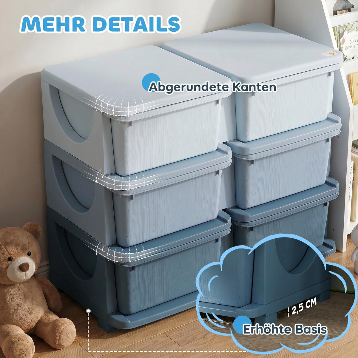 SCHUBLADENSCHRANK für Kinder Aufbewahrungsboxen mit 6 Ebenen Kindermöbel Blau - Blau, Kunststoff (37/56.5/75cm) - HOMCOM