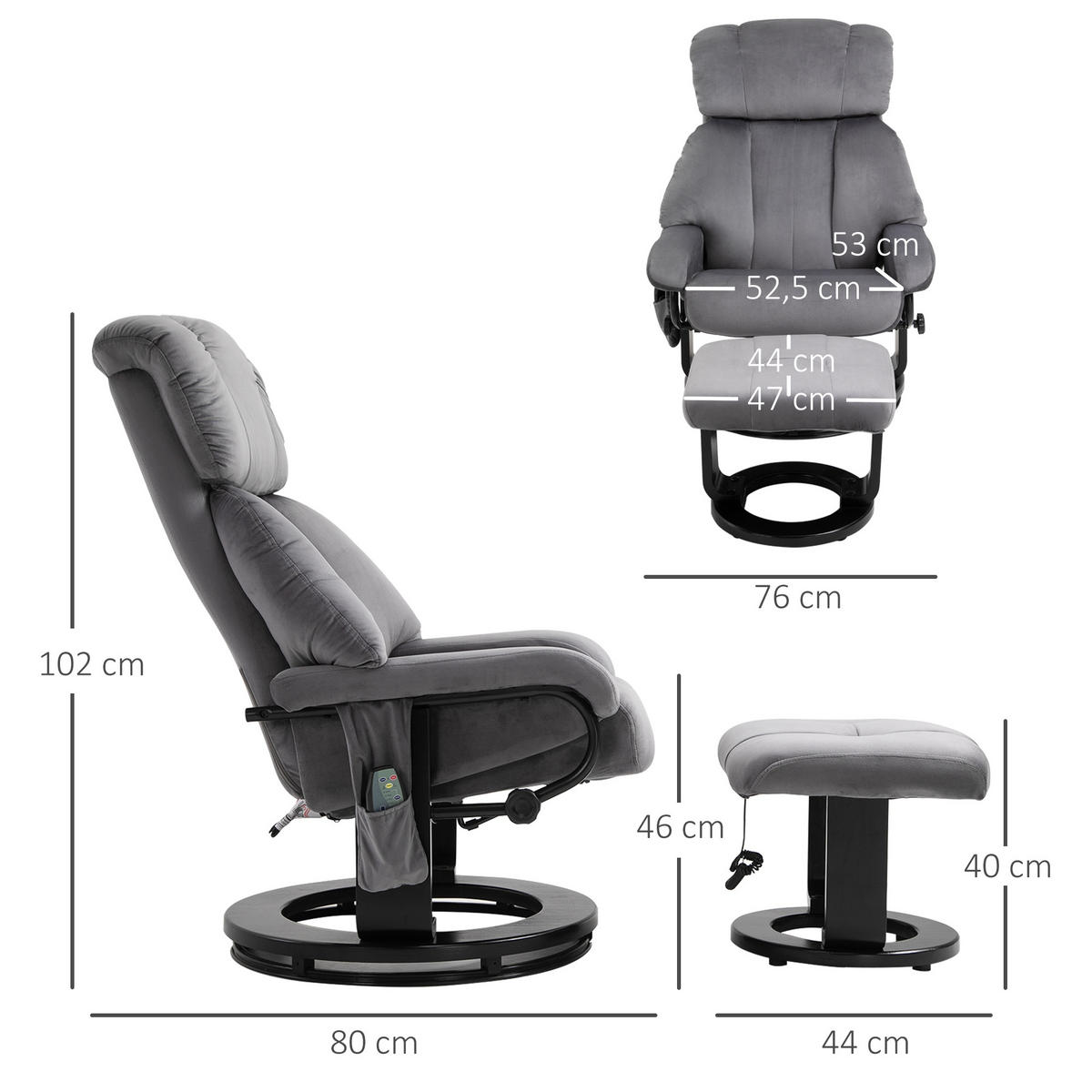 MASSAGESESSEL inkl. Hocker Fernsehsessel drehbar Relaxsessel Samt-Touch Grau - Grau, Kunststoff (80/102/76cm) - HOMCOM