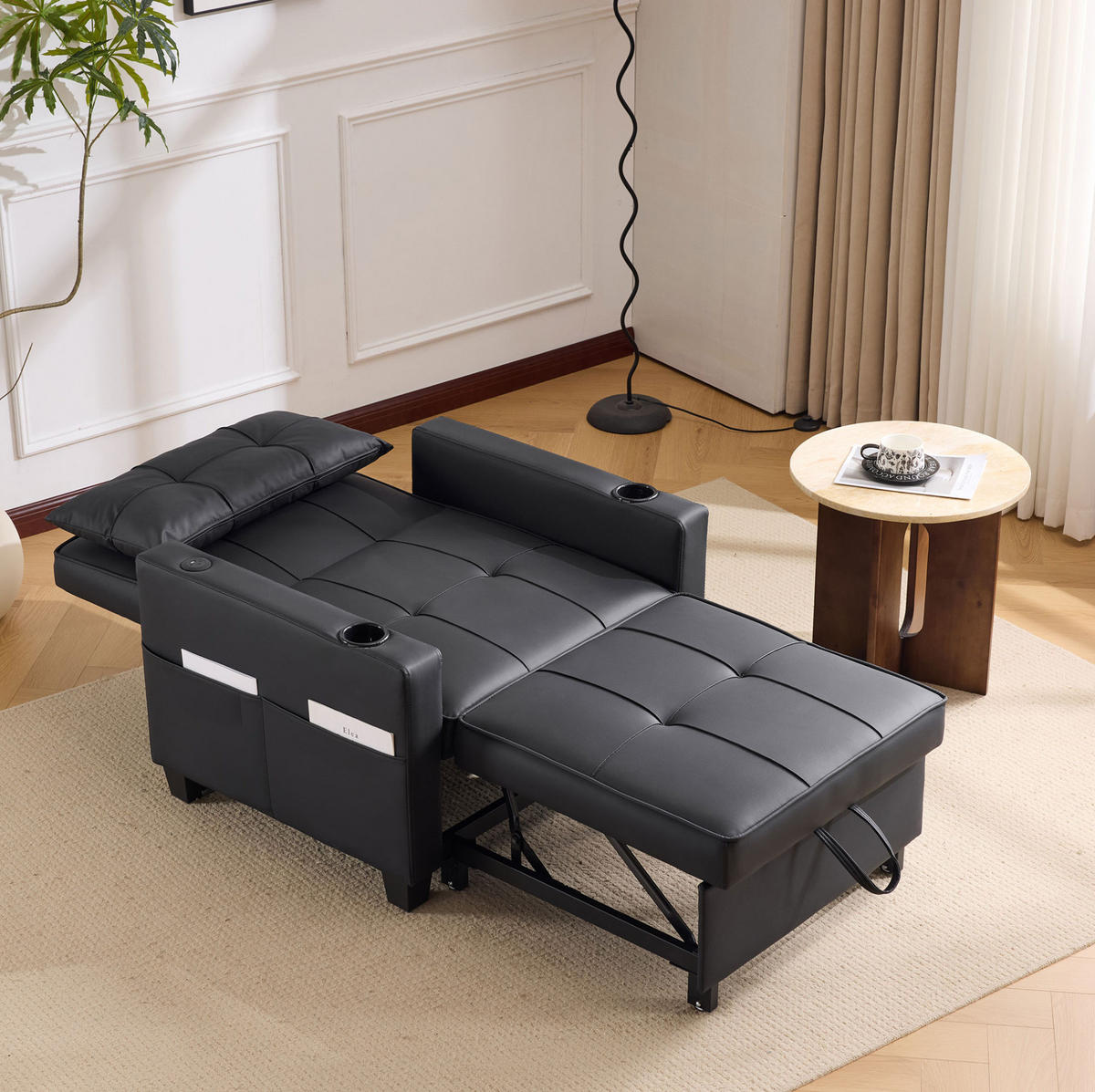 SESSEL 3-in-1 ausziehbar Schwarz mit Liegefunktion - Schwarz, Holz (87/84/74cm) - Meubliv