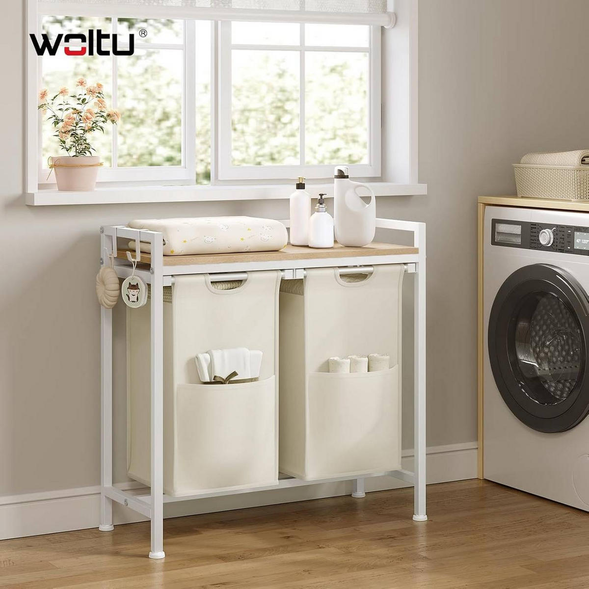 WÄSCHEKORB 2 Fächer, jedes 40 L, Weiß+Helle Eiche - Eichefarben/Weiß, Holzwerkstoff/Textil (70/71/30cm) - Woltu