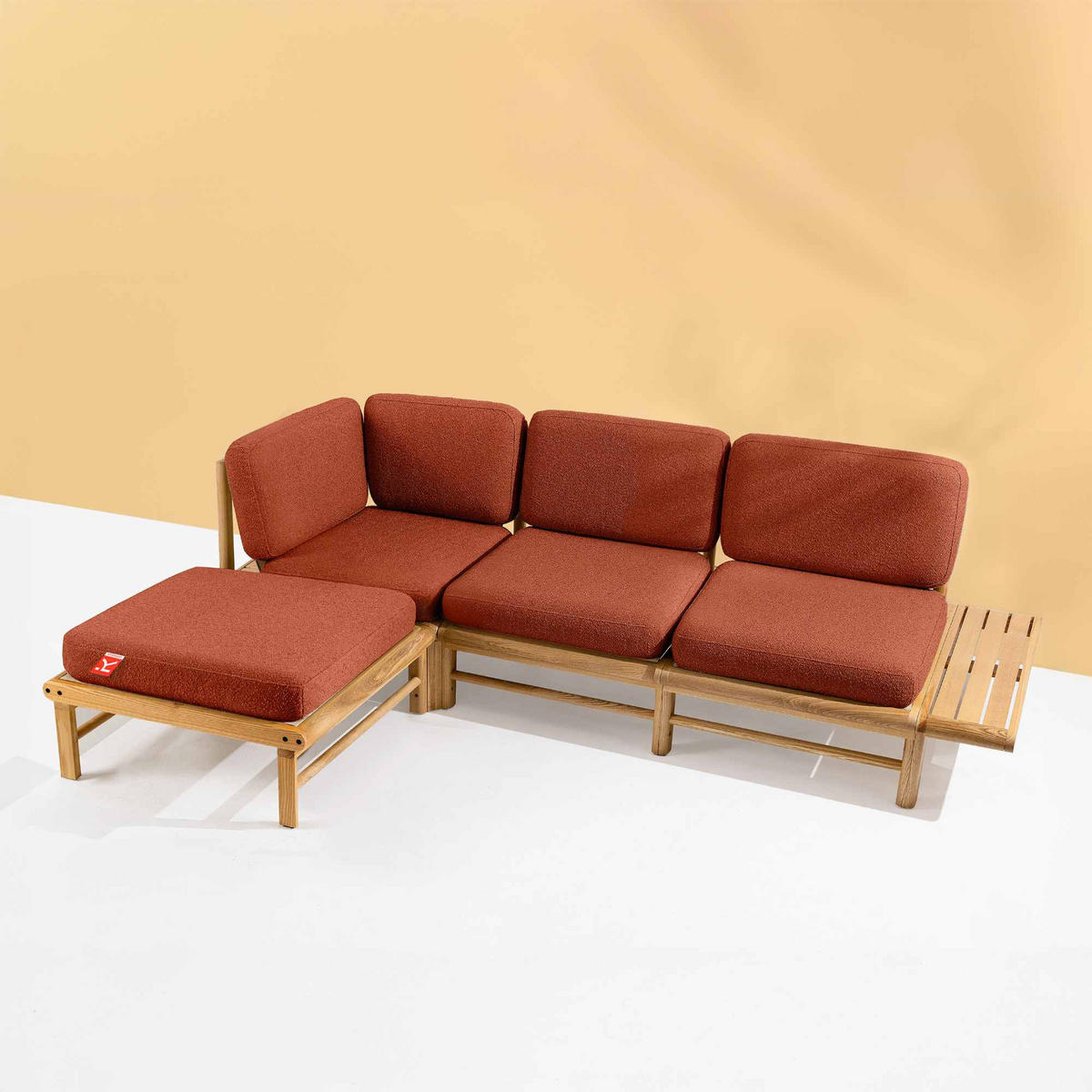 LOUNGESOFA ATREDA links - Orange, Holz/Textil (245/74/150cm) - KONSIMO®