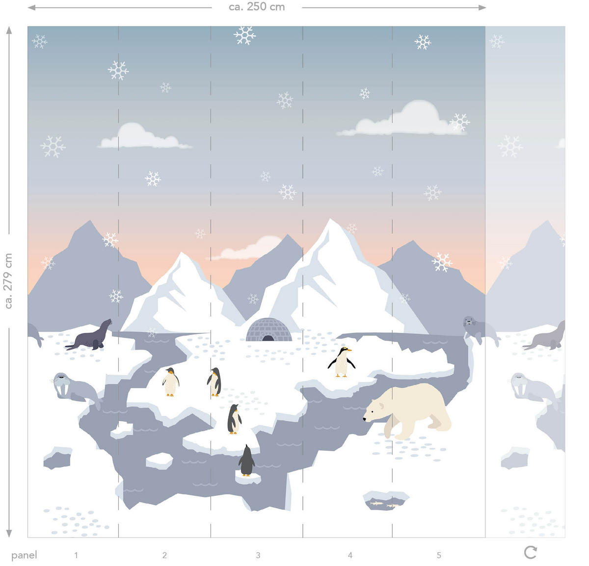 FOTOTAPETE Eisbären, Pinguine und Robben im Schnee 250 x 279 cm - Blau, Papier (250/279cm) - ESTAhome