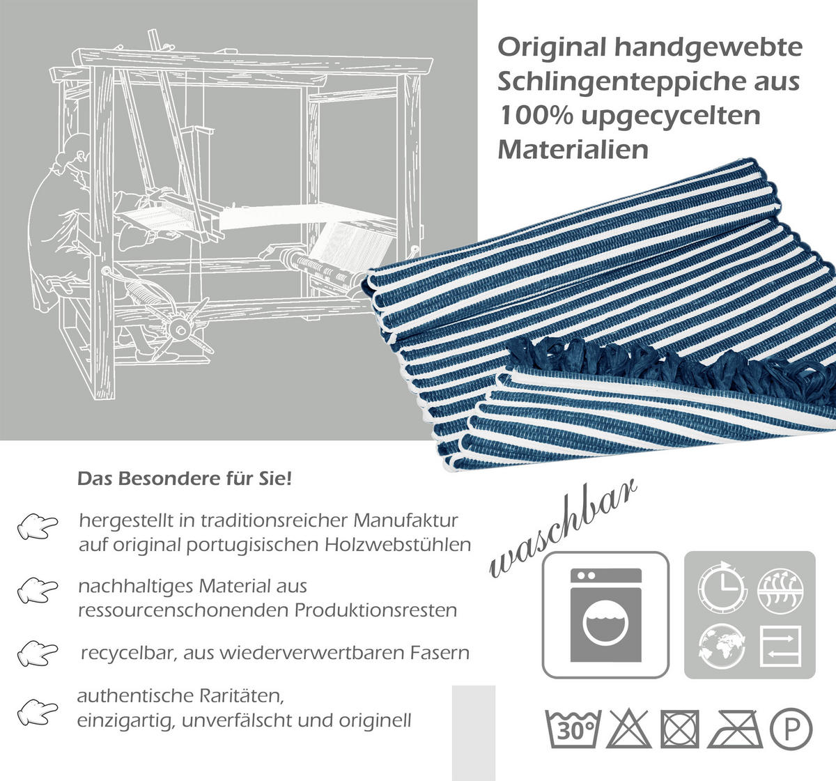 HANDGEWEBTER Läufer 50x70 cm Kosmos - Blau, Naturmaterialien/Textil (50/70cm) - Lashuma