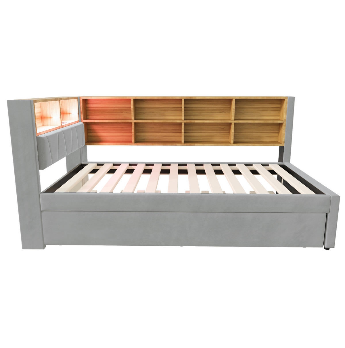 BETT mit Ausziehbett 90/200 und 90/190 cm mit LED-Beleuchtung und Ladeanschlüssen Flanell Hellgrau - Hellgrau, Textil (90/200cm) - OKWISH