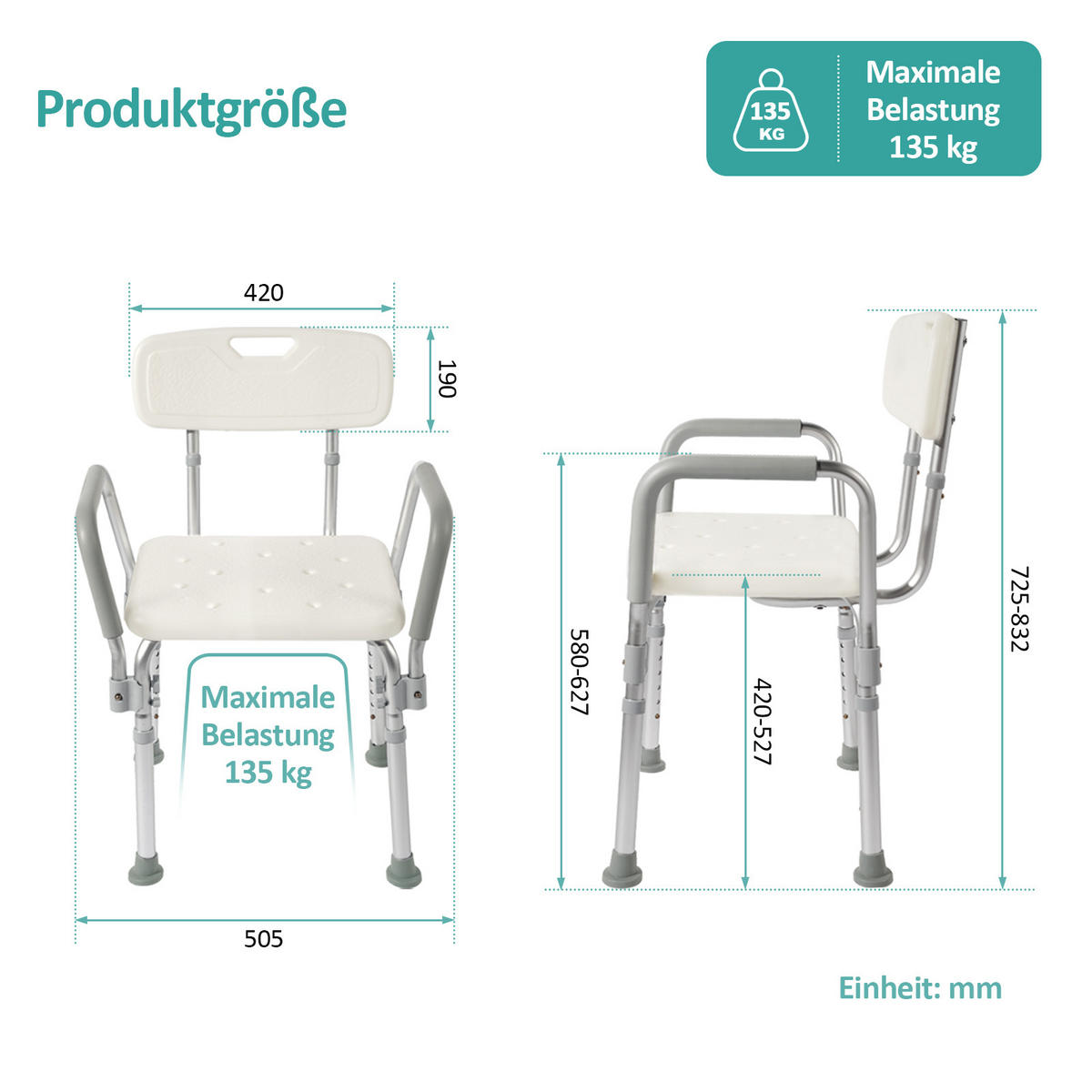 DUSCHHOCKER mit Abnehmbarer Armlehne 50,5/47,5/75 cm - Weiß, Metall (50/75/47cm) - EMKE