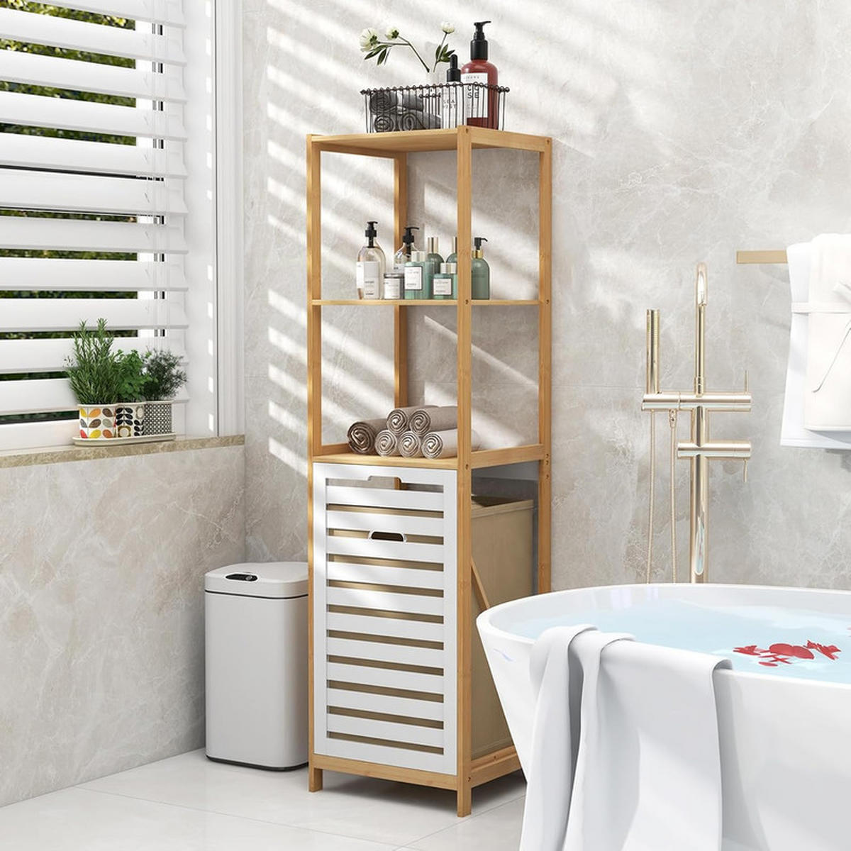 BADEZIMMERREGAL mit Wäschekorb natur - Naturfarben, Naturmaterialien (36/130/33cm) - COSTWAY