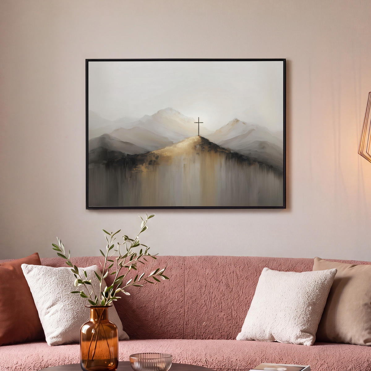 LEINWAND Bilder mit Rahmen - Hügel - Abstrakt - Kreuz - Christentum - 70x50 - Beige, Textil (70/50cm) - MuchoWow