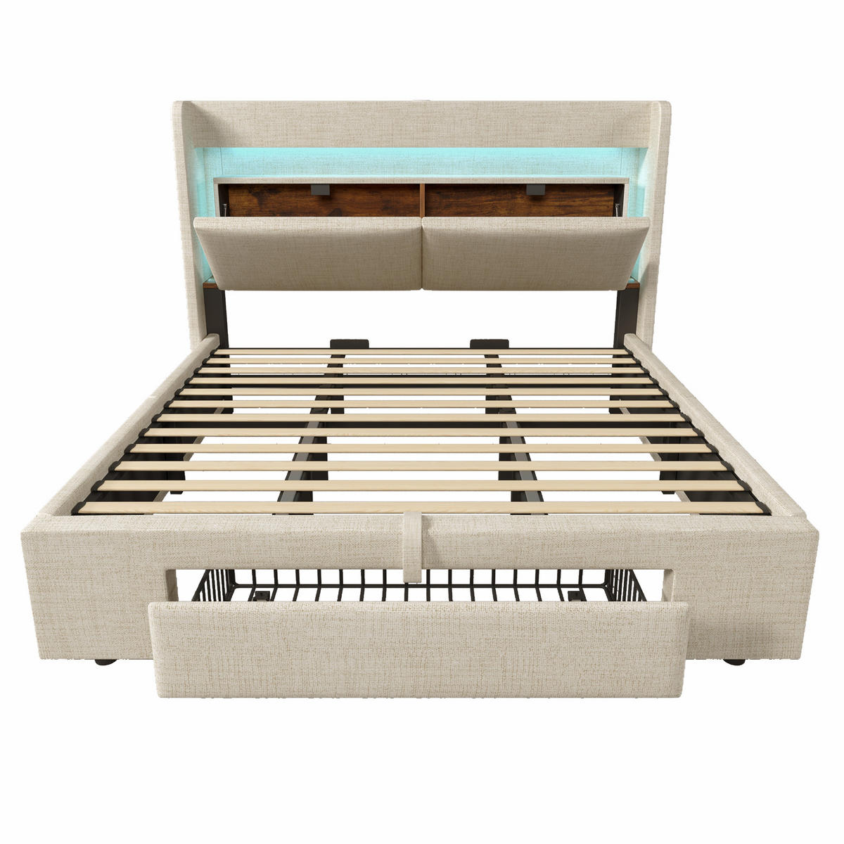 POLSTERBETT 180/200 cm mit LED, USB/USB-C, hydraulischem Stauraum und Schublade, Leinen, Beige - Beige, Textil (180/200cm) - Redom