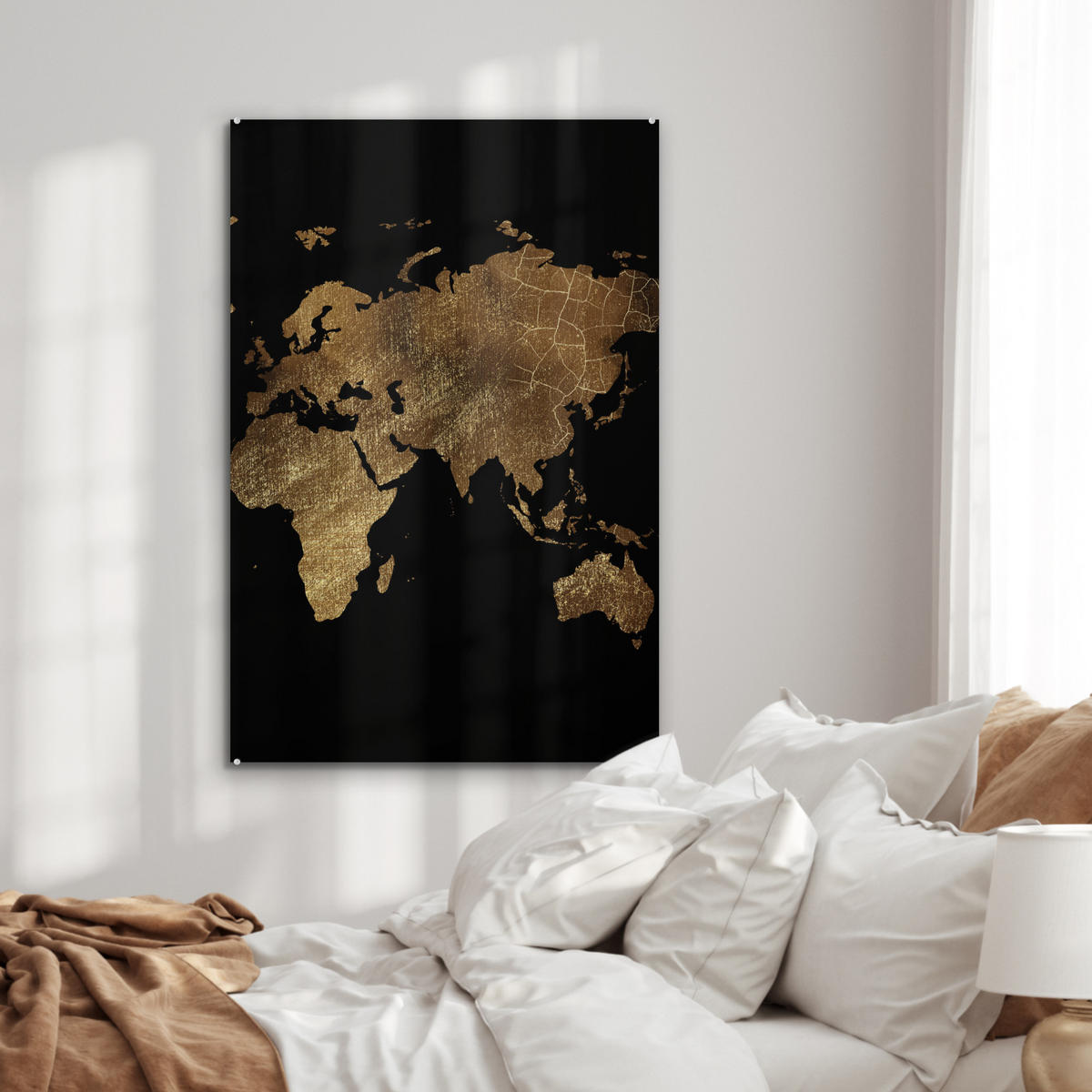 ACRYLGLASBILD Weltkarte - Gold - Luxus - Erde - Schwarz 60x90 cm - Goldfarben, Glas (60/90cm) - MuchoWow
