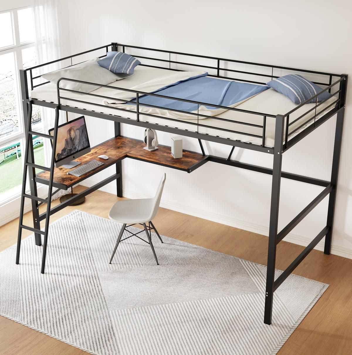 HOCHBETT aus Metall 90x200 cm Schwarz mit L-förmigem Schreibtisch und Regal - Schwarz, Metall (90/200cm) - IVMEU