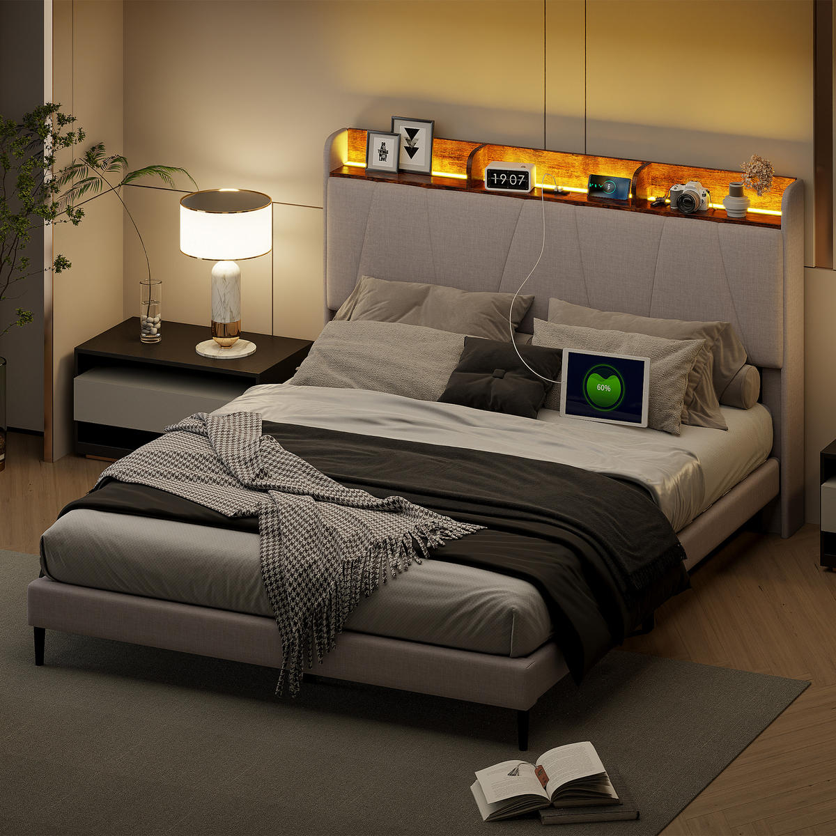 POLSTERBETT 160x200 cm, Beige, LED-Beleuchtung, USB/TPCY-C - Beige, Textil/Metall (160/200cm)
