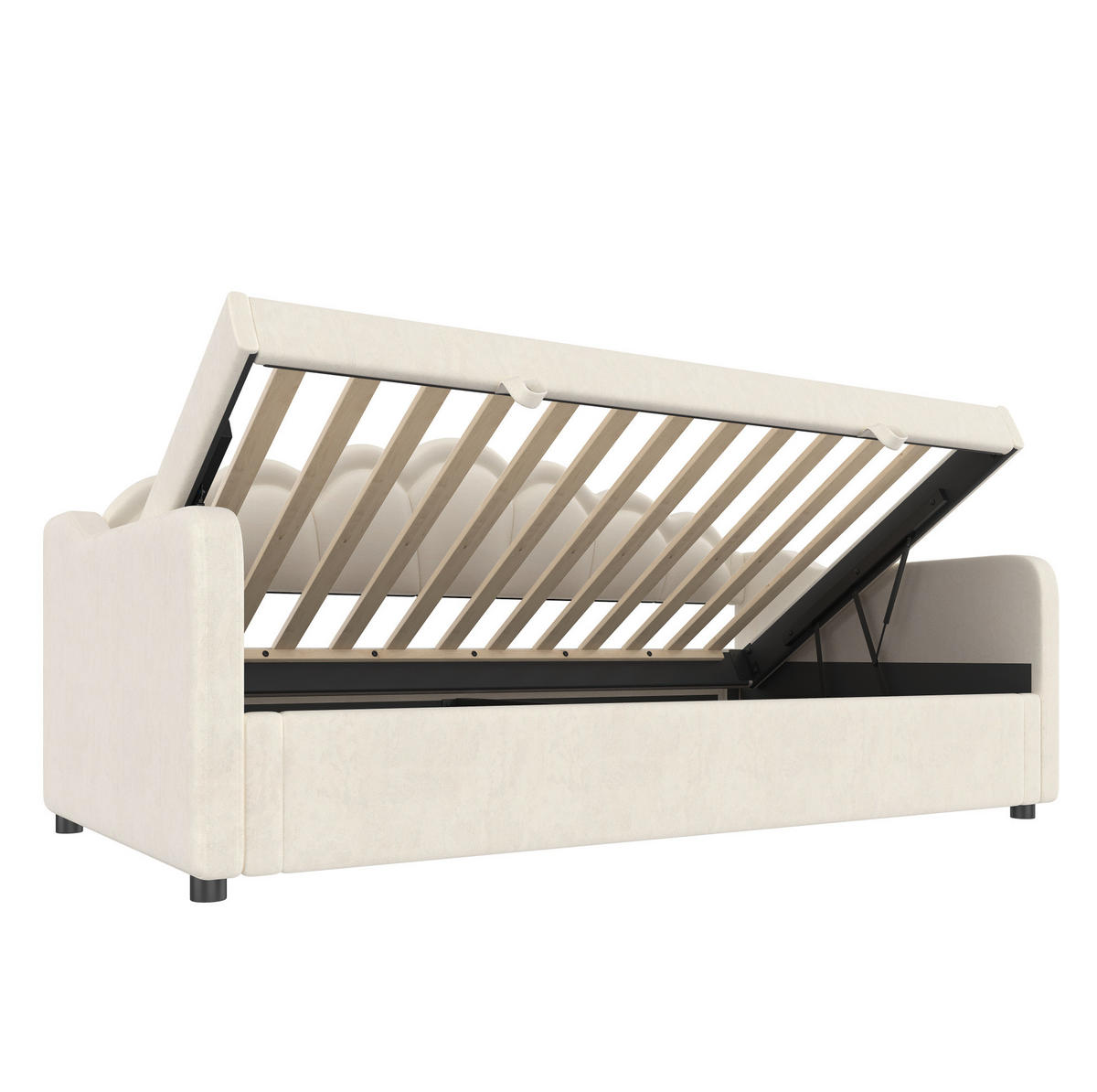 TAGESBETT 90/200 cm aus Samt mit hydraulischem Stauraum und LED-Beleuchtung, Beige - Beige, Textil (90/200cm) - Redom