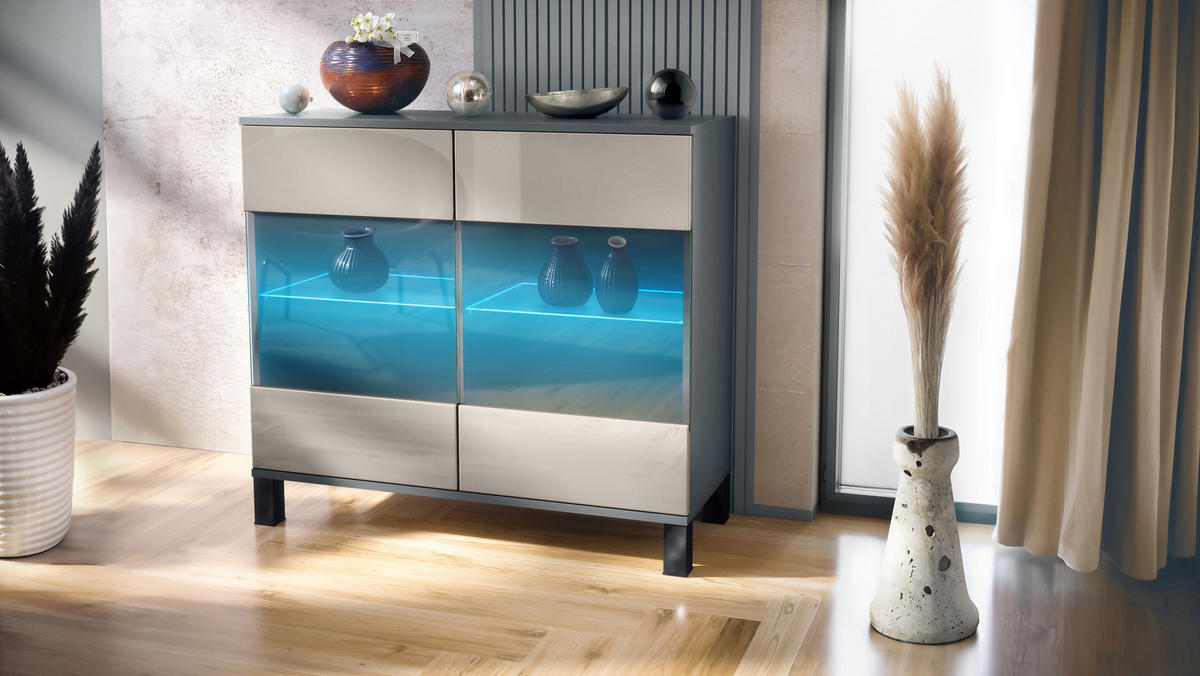 KOMMODE Bari Sandgrau Hochglanz - Sandfarben, Holzwerkstoff (92.5/84.5/35cm) - Vladon