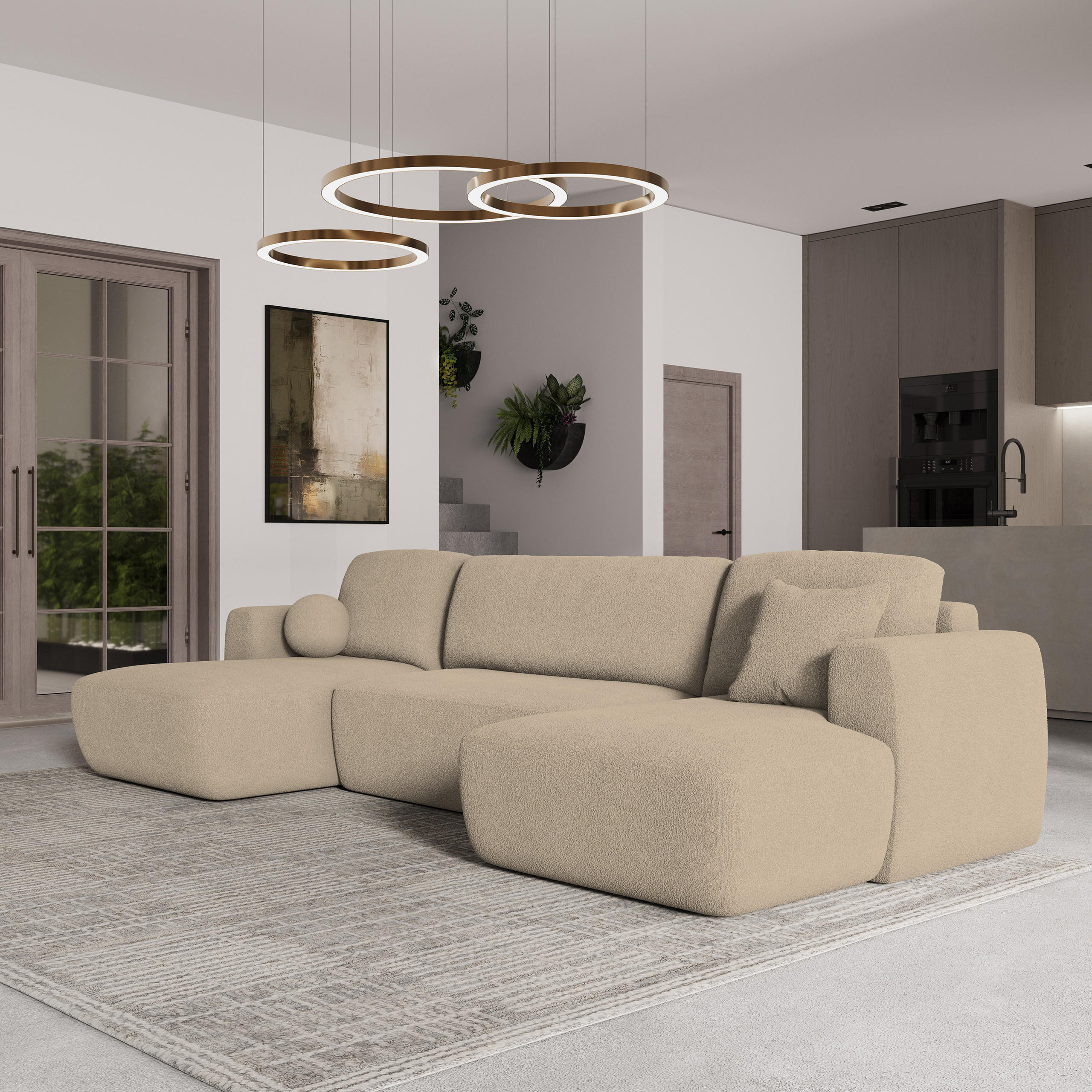 WOHNLANDSCHAFT SENTUM N Creme Boucle-Stoff mit Schlaffunktion - Creme, Holz (330/90/148cm) - MASSENO
