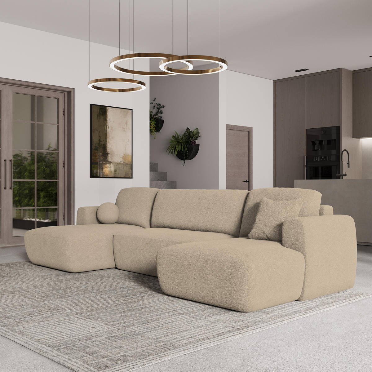 WOHNLANDSCHAFT SENTUM N Creme Boucle-Stoff mit Schlaffunktion - Creme, Holz (330/90/148cm) - MASSENO