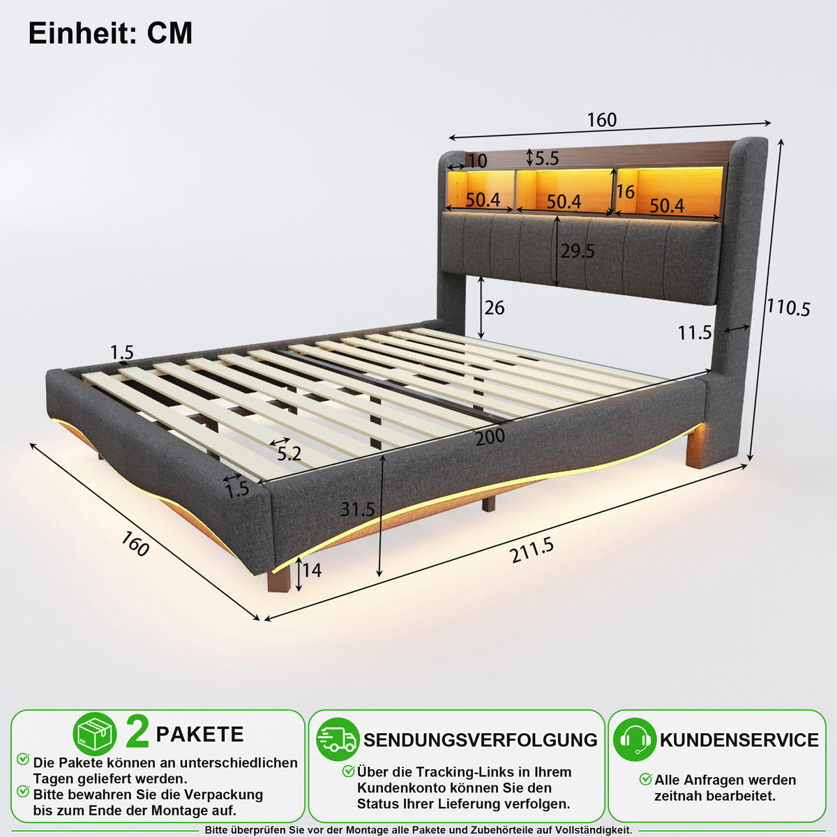 POLSTERBETT 160/200 cm in Grau mit LED, USB und Type-C Stoff - Grau, Holzwerkstoff/Textil (160/200cm) - CHICFURN